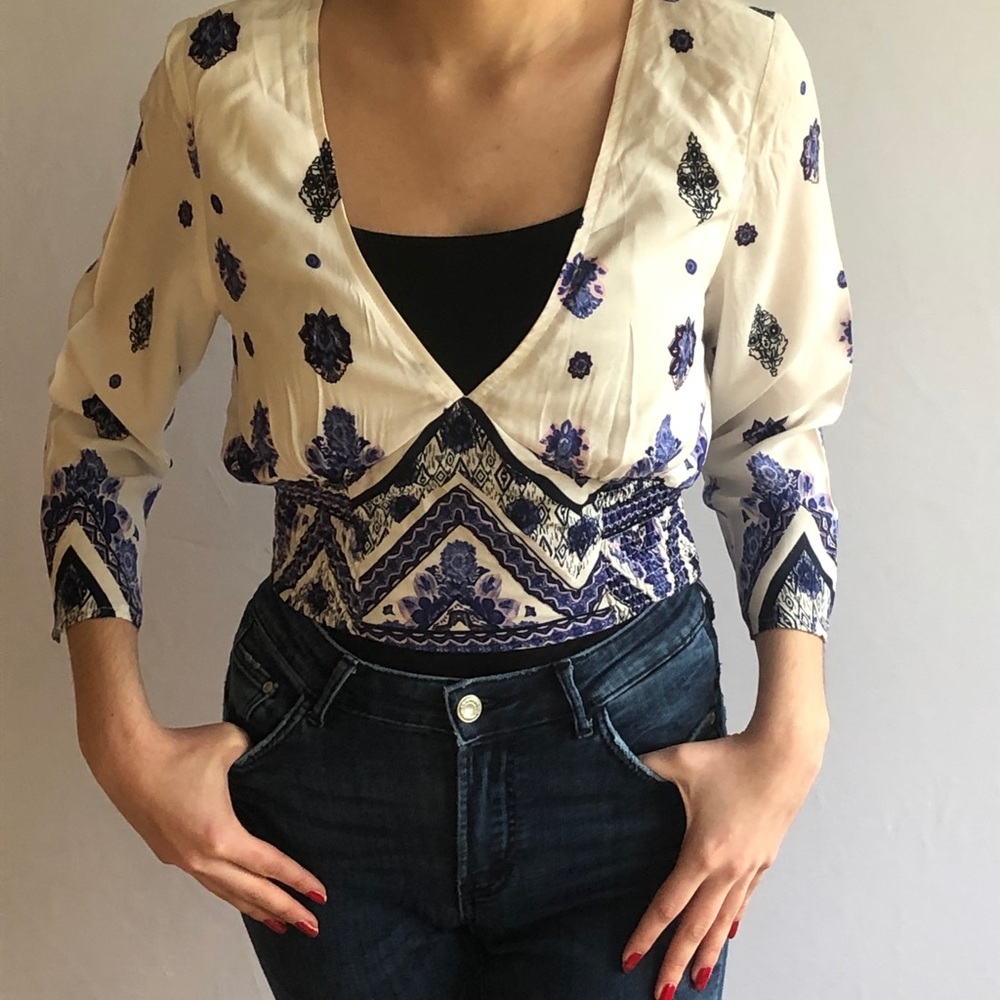 White and Blue Floral Crop Top